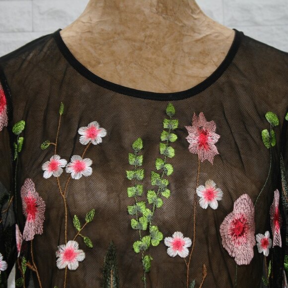 RAFAELLA Top Sheer Floral Embroidered Bohemian Transparent Black Pink Medium - Picture 2 of 12